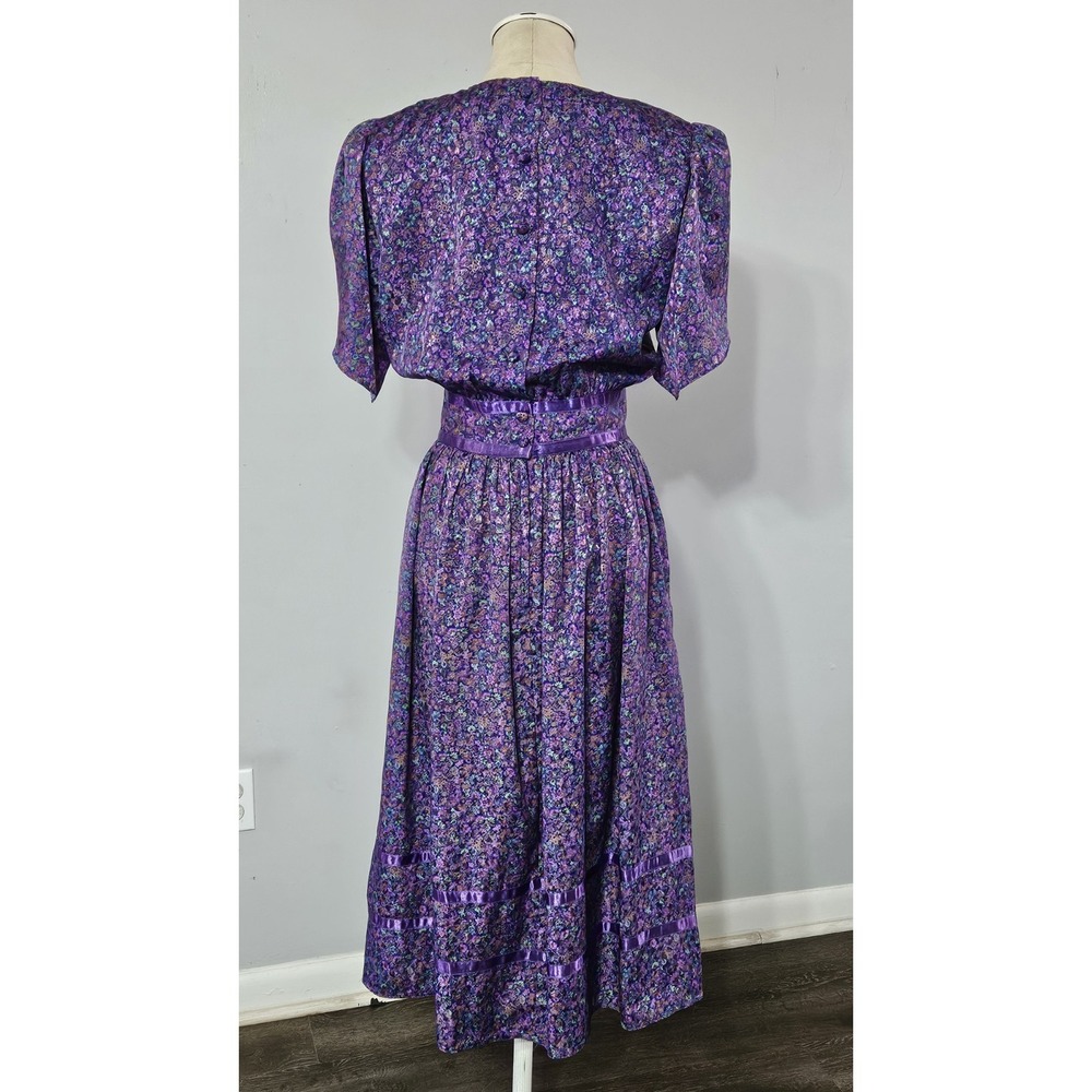 Maggy Boutique Vintage 80s Purple & Green Short Sleeve Midi Dress Size 8 - Picture 2 of 13